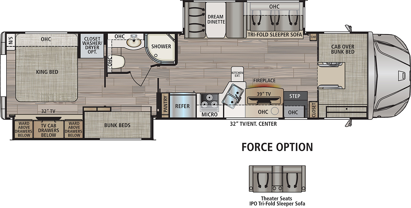 The 37BD has 2 slide-outs; 1 off-door side, 1 door side. Entry door and TV on door side exterior. Interior layout from front to back: Cab-over bunk bed, living area with hide-a-bed, overhead cabinets, dream dinette on off-door slide out;  full bath, closet washer dryer prep options, king bed, overhead cabinet; door side closet, fireplace, tv, overhead cabinet, kitchen includes double basin sink, cook top stove, microwave, refrigerator, pantry;  door side slide out includes bunk beds, wardrobe with drawers, TV cabinet with drawers below.  Option theater seats in place of sofa.