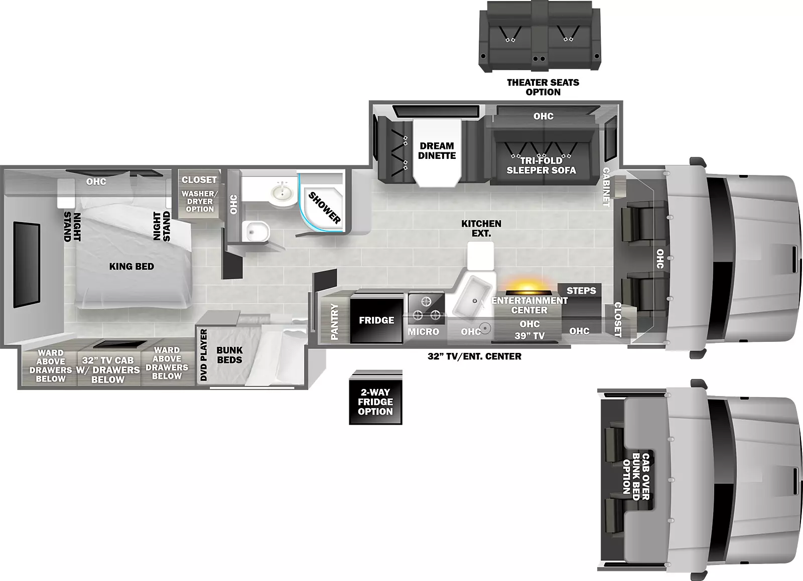 The 3700BD has 2 slide-outs; 1 off-door side, 1 door side. Entry door and TV on door side exterior. Interior layout from front to back: Cab overhead cabinet; off-door slide out with sleeper sofa, overhead cabinets and dream dinette; off-door side side aisle full bath, closet washer dryer prep, king bed with night stands on either side, and overhead cabinets; door side closet, entry steps, entertainment center with fireplace below, overhead cabinets, kitchen with double basin sink, countertop extension, cook top stove, microwave, refrigerator and pantry; door side slide out with bunk beds with DVD players, wardrobe with drawers, and TV cabinet with drawers below; optional theater seats in place of sleeper sofa, optional two-way refrigerator in place of standard refrigerator, and optional cab over bunk bed in place of front overhead cabinets