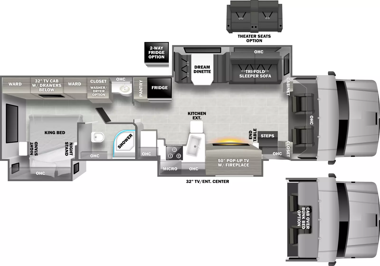 The 3801TS has 3 slide-outs; 1 off-door side, 2 door side. Entry door and TV on door side exterior. Interior layout from front to back: Cab overhead cabinets; off-door side slideout with sleeper sofa, overhead cabinets and dream dinette; off-door side refrigerator, pantry, bathroom sink with overhead cabinet, closet washer dryer prep option, wardrobe and TV cabinet with drawers below; door side includes closet, entry steps, end table, door side slide out with pop-up TV with fireplace below, kitchen with double basin sink, countertop extension, overhead cabinets, cook top stove, microwave, side aisle bathroom with shower, toilet and overhead cabinet, rear door side slideout with king bed, night stands on either side, and overhead cabinets; optional cab over bunk beds in place of cabinets, optional theater seats in place of sleeper sofa, and optional two-way refrigerator in place of standard refrigerator