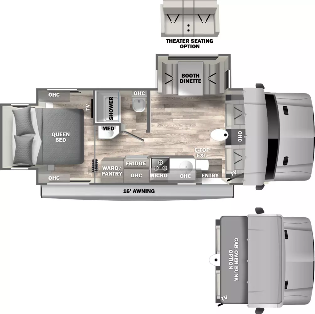 The 24RW has 2 slides outs; 1 off-door side, 1 in rear, one entry door, 16' awning on door side.  Interior layout from front to back:  Cab overhead cabinets, tv on door-side, living area with booth dinette on off-door slide out, full bathroom, bedroom with foot facing queen bed, overhead cabinets in rear slide out; door side kitchen with overhead cabinet, single basin sink, cook top stove, microwave, refrigerator,  wardrobe, pantry.  Options; cab-over bunk, dual power recliners or tri-fold sofa with table in place of booth dinette.