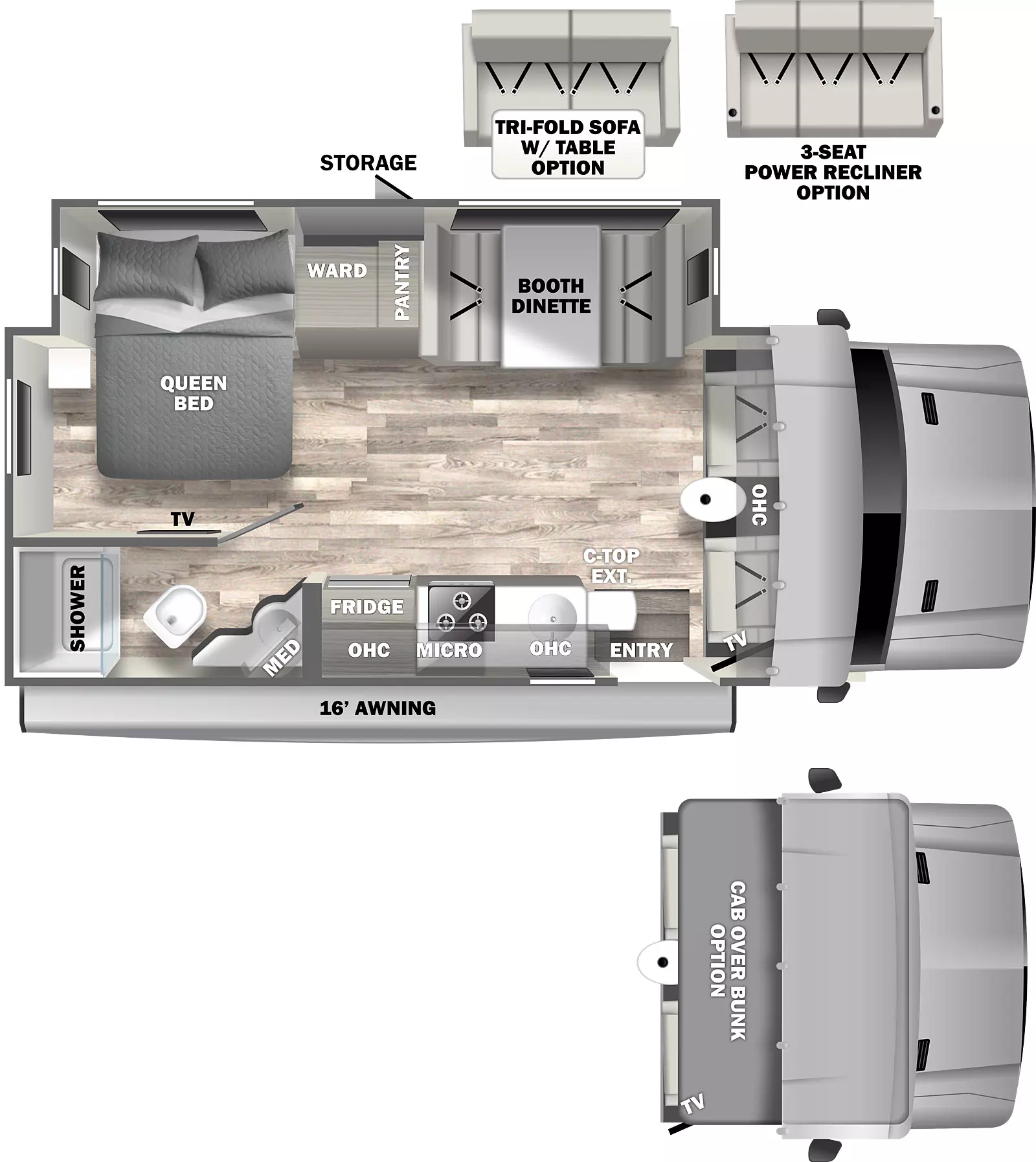 The 24FW has 1 full wall slide out on off-door side, one entry door, 16' awning on door side.  Interior layout  front to back: Cab overhead cabinets, tv on door-side, off-door side full wall slide out; living area with booth dinette, pantry, wardrobe, queen bed.  Door side kitchen with single basin sink, microwave cabinet, cook top stove, overhead cabinet, refrigerator, full bathroom.  Options; cab-over bunk, tri-fold sofa with table or 3 seat power recliner in place of booth dinette.