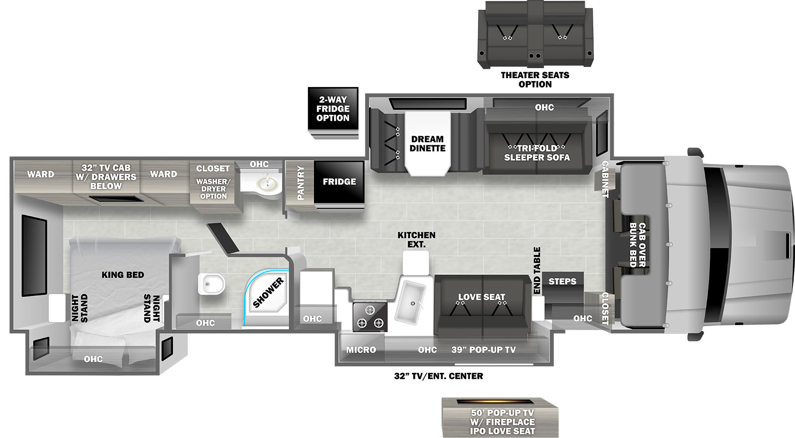 The 37TS has 3 slide-outs; 1 off-door side, 2 door side. Entry door, TV on door side exterior. Interior layout from front to back: Cab overhead cabinet, off-door slide out; hide-a-bed, overhead cabinets, dream dinette, off-door side; refrigerator, pantry, overhead cabinet, bathroom sink, closet washer dryer prep option, wardrobe, TV cabinet with drawers below, door side slide out; love seat, TV, overhead cabinet, kitchen with double basin sink, cook top stove, microwave, door side; overhead cabinet, full bath door side,  door side slide out; king bed, overhead cabinet, option; theater seats in place of sofa, fireplace with pop up tv in place of comfort lounge, cab over bunk bed. 